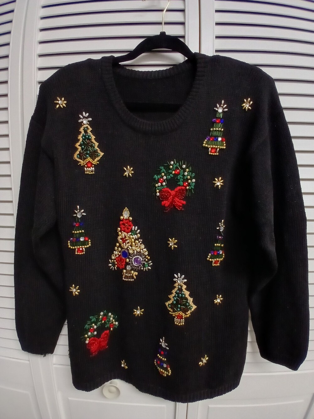Vintage 90s Black Beaded Christmas Tree Sweater Pullover Ugly Holiday Knit XL